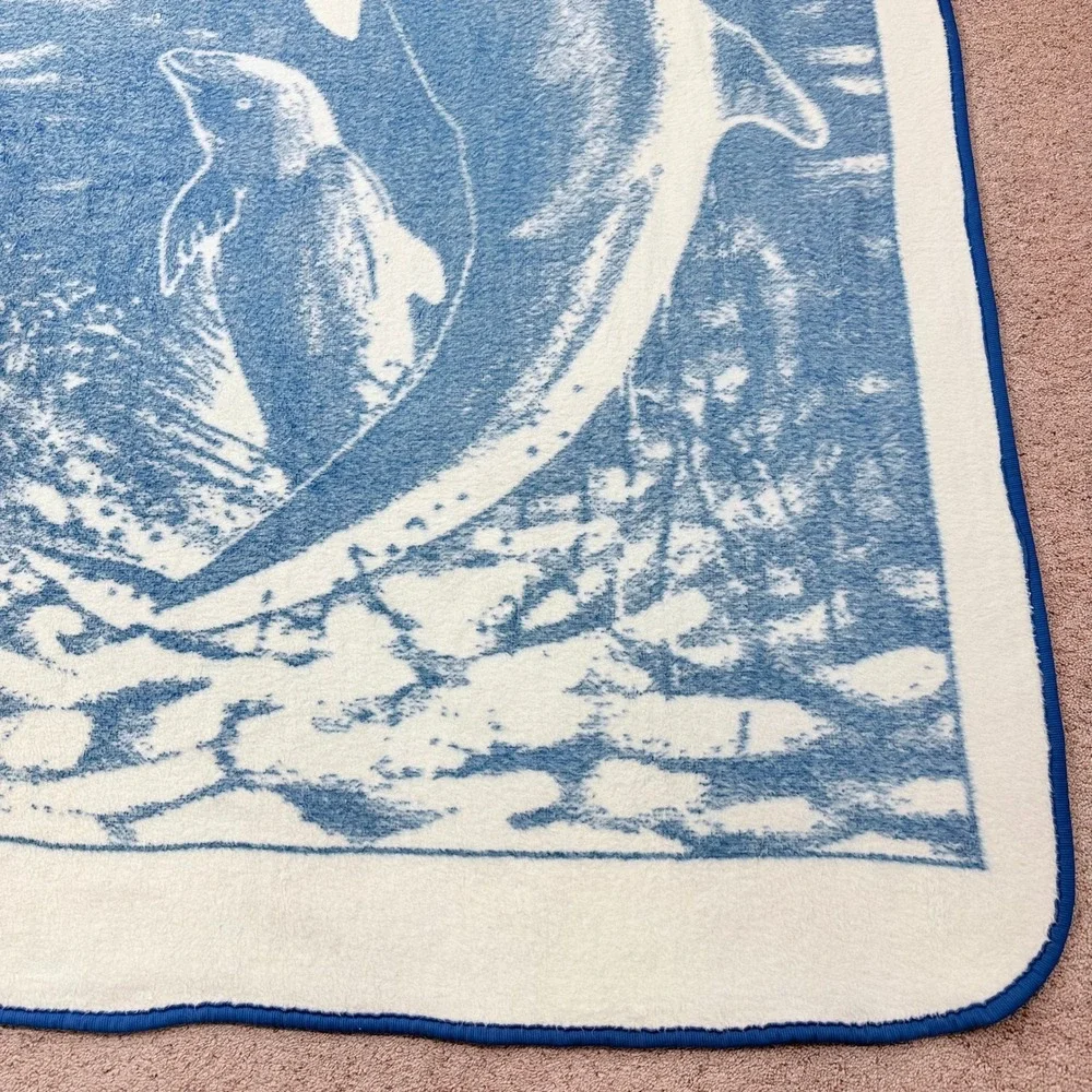 San Marcos Dolphin Blanket Vintage Blue White Reversible 86x65 Plush Ocean Birds
